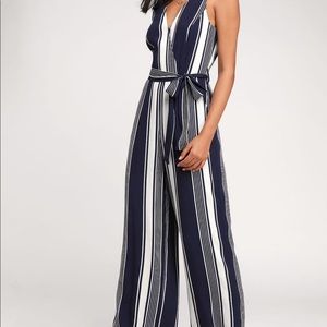 Lulu’s v neck blue and white striped jumpsuit